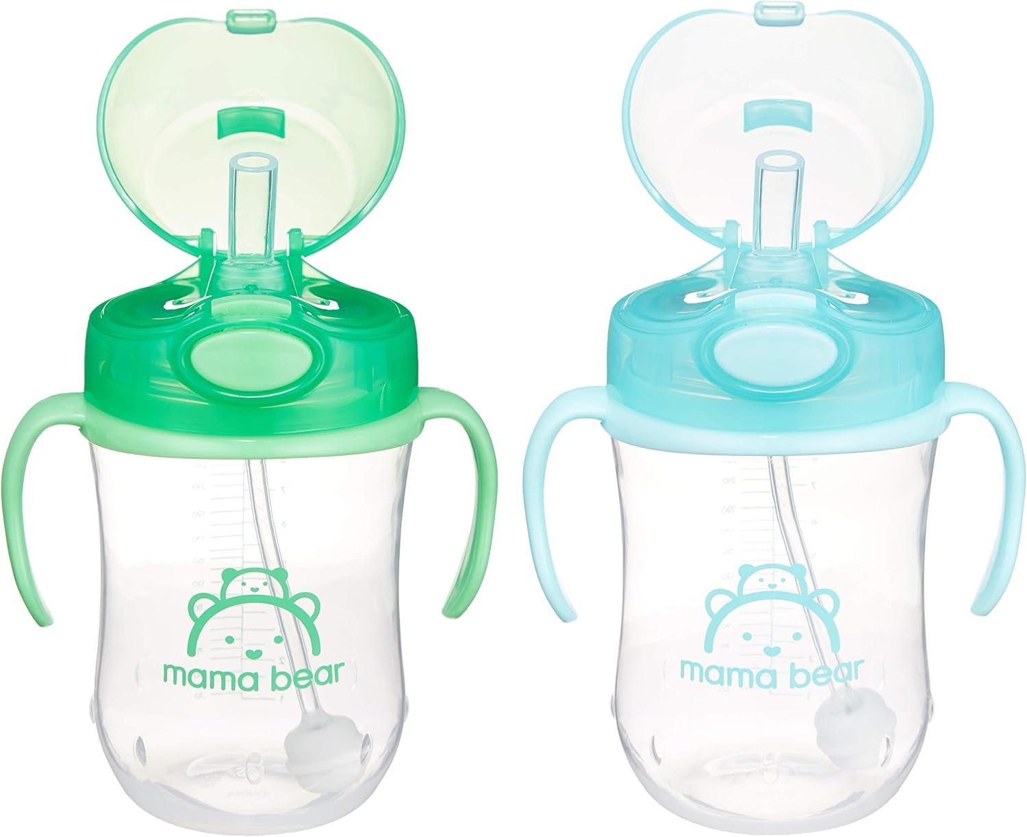 Amazon Brand - Mama Bear Spill Proof Dishwasher Safe Silicone Weighted Straw Sippy Cup with Removable Handles, BPA Free, 9 Ounces, Blue/Green, Pack of 2