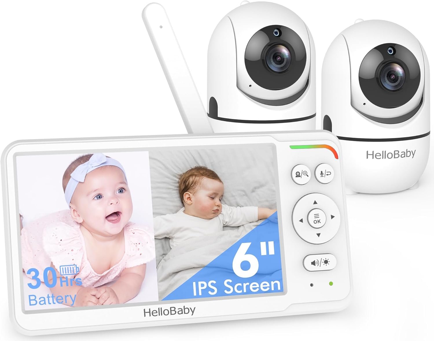 HelloBaby Baby Monitor with 2 Cameras, World First 6" IPS Split Screen, Double Cameras No WiFi, 30H Battery, 2-Way Audio, Pan-Tilt-Zoom, VOX Mode, Night Vision, 8 Lullabies, 1000ft Range