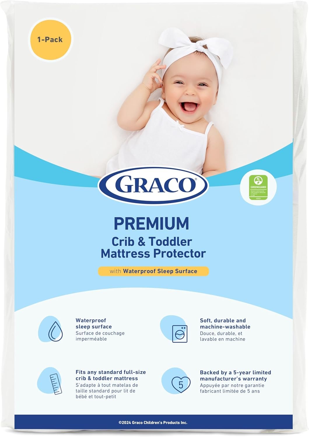 Graco Premium Waterproof Crib and Toddler Mattress Protector (1 Pack) – GREENGUARD Gold Certified, Machine-Washable & Dryer-Friendly, Waterproof Sleep Surface, Fits Baby Crib & Toddler Bed Mattress