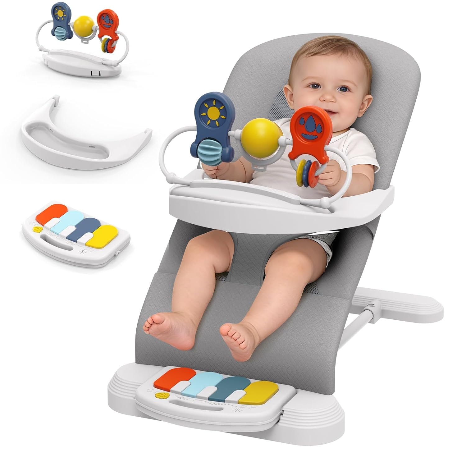 Baby Bouncer, 3-Speed Adjustable Height Baby Bouncer Seat, 4-in-1 Bouncer Seat for Babies 0-6 Months, Detachable Piano Pedals, Feeding Tray