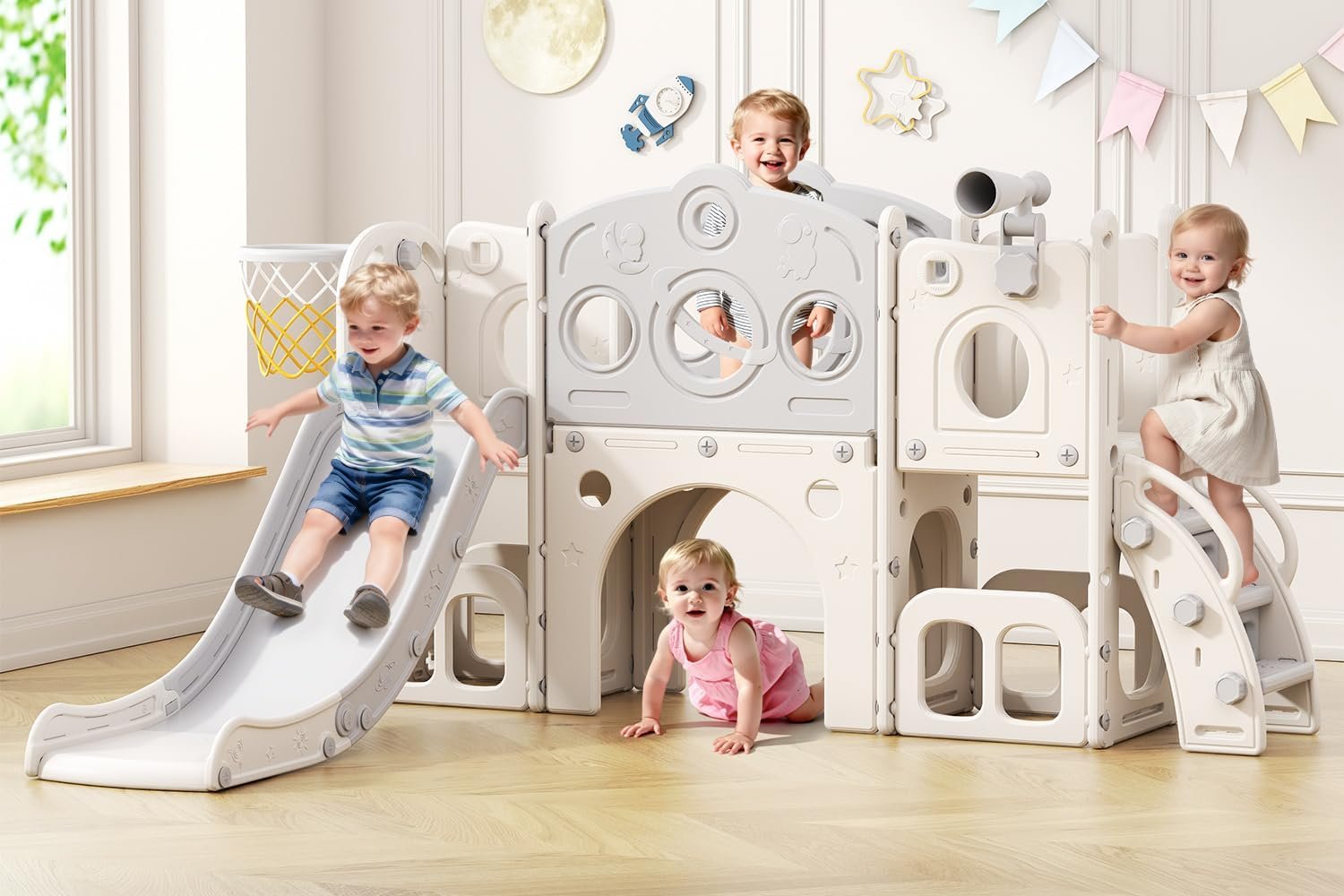 Babytronic Toddler Slide Set, 8 in 1 Kids Slide with Climber, Indoor Outdoor Slide for Toddlers Age 1-3, Toddler Playset with Basketball Hoop and Tunnel, Toddler Indoor Outdoor Playground (White&Gray)