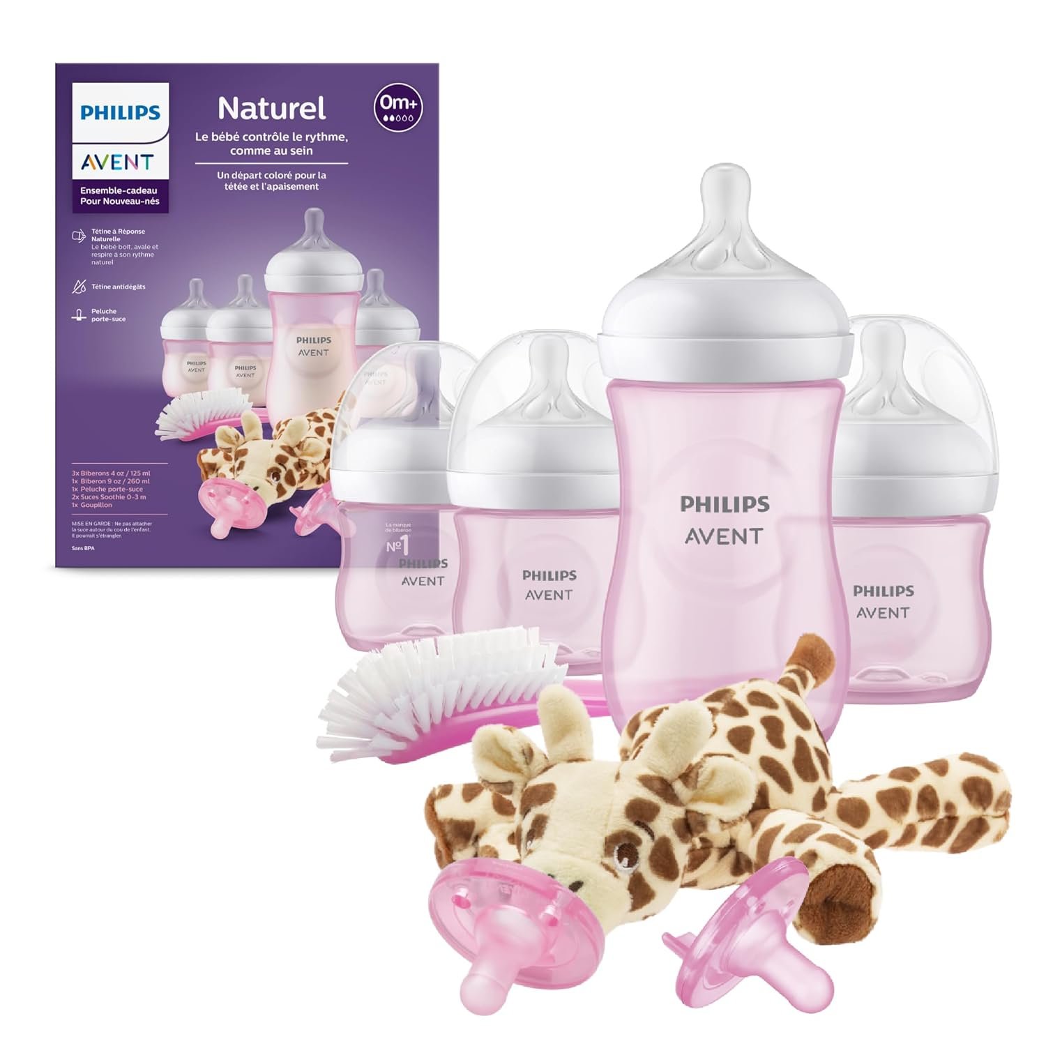 Philips Avent Natural Response Baby Gift Set - 3X 4oz Pink Bottles with Slow Flow Nipples (Flow 2), 1x 9oz Pink Bottle with Medium Flow Nipples (Flow 3), 2X Soothie Pacifiers 0-3m, SCD838/03