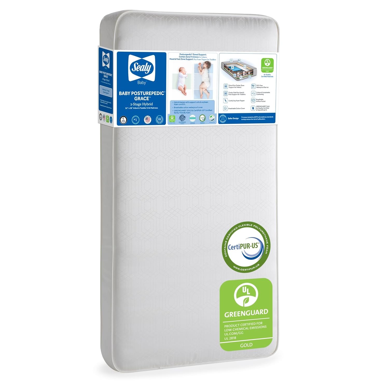 Sealy Baby Posturepedic Grace Hybrid - Firm 2 Stage Breathable Crib Mattress with Waterproof Barrier - GREENGUARD Gold Certified, Soy-enhanced Foam for Infants and Toddlers, Made in the USA (52x28")