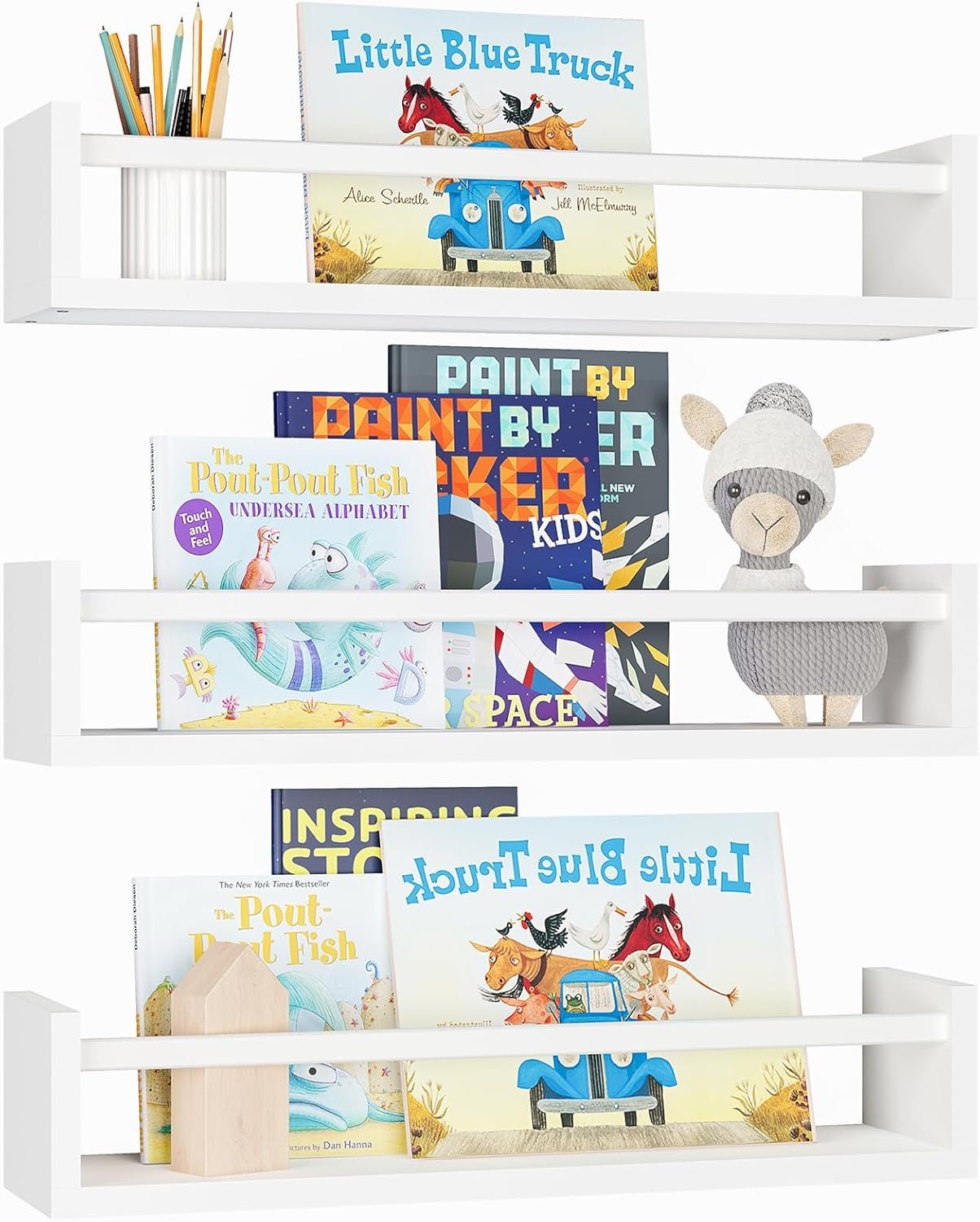 Fixwal Floating Bookshelves for Wall, 16.5 Inch Wood Nursery Book Shelves Set of 3, Baby Kids Decor, Solid Wood Wall Mounted Shelves for Books, Toys and Decor Storage (White)