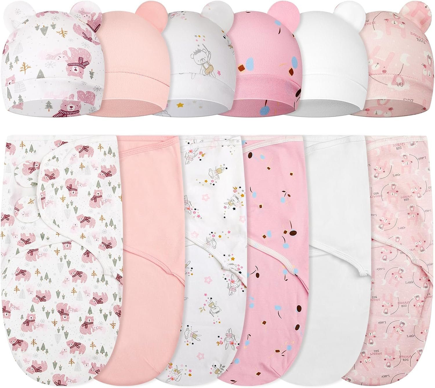 Ramede 6 Pack Swaddle Blanket with Hats for Baby Girl Boy 100% Cotton Swaddles 0-3 Months, Adjustable Breathable Skin Friendly Receiving Blanket Wrap, Essential for Newborns
