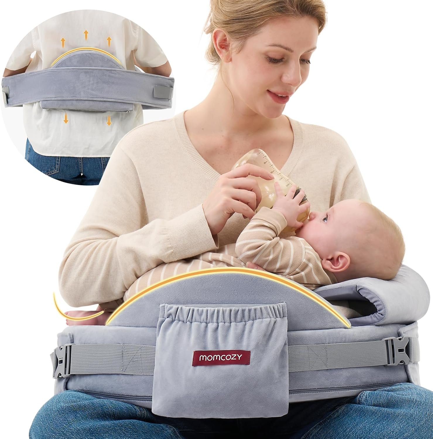 Momcozy CozyPro Nursing Pillow - All Around Lumbar & Arm Support - Safety Guard, Firm & Springy Memory Foam-Stable, Ergonomic Support, Easier Breastfeeding, Wider Cushion, Adjustable, Removable Cover