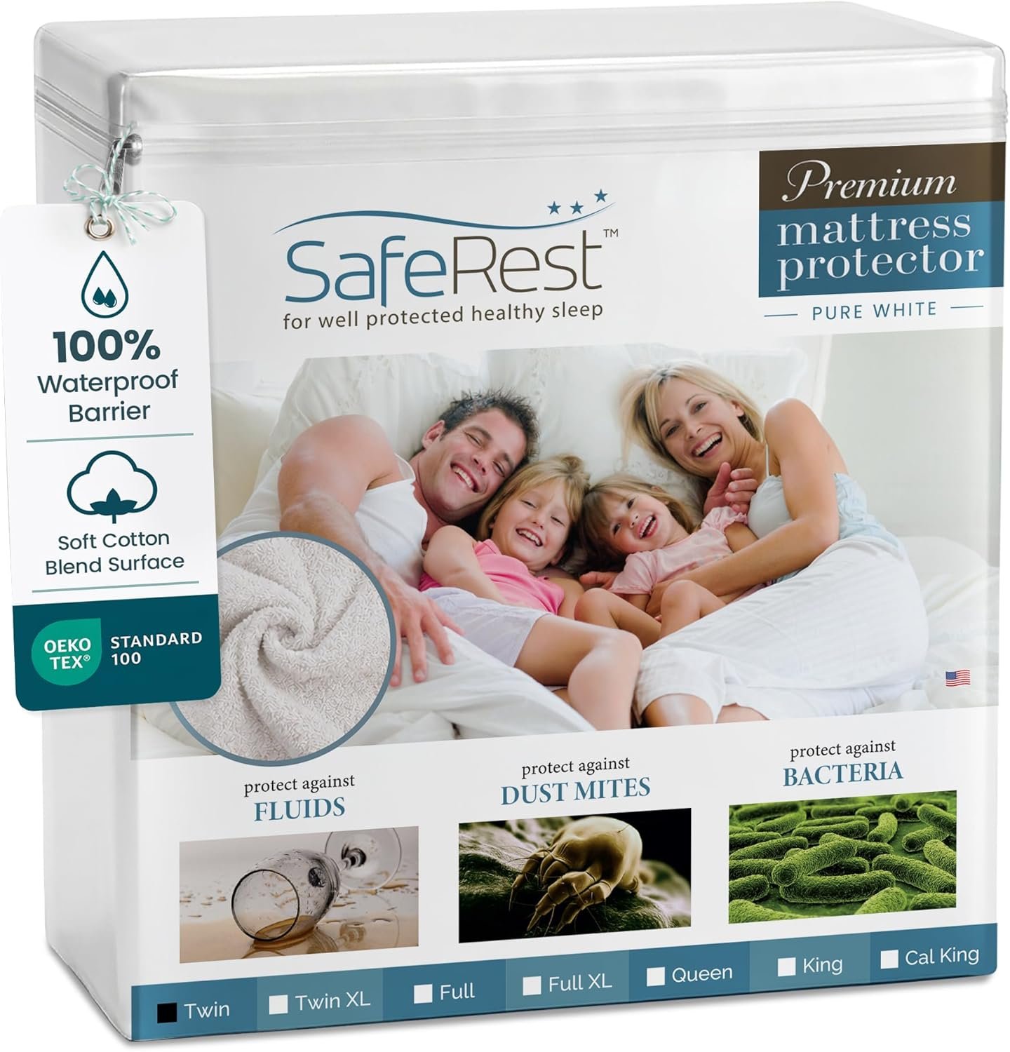 SafeRest Waterproof Twin Size Mattress Protector - Fitted with Stretchable Pockets - Machine Washable Cotton Blend Mattress Cover for Bed
