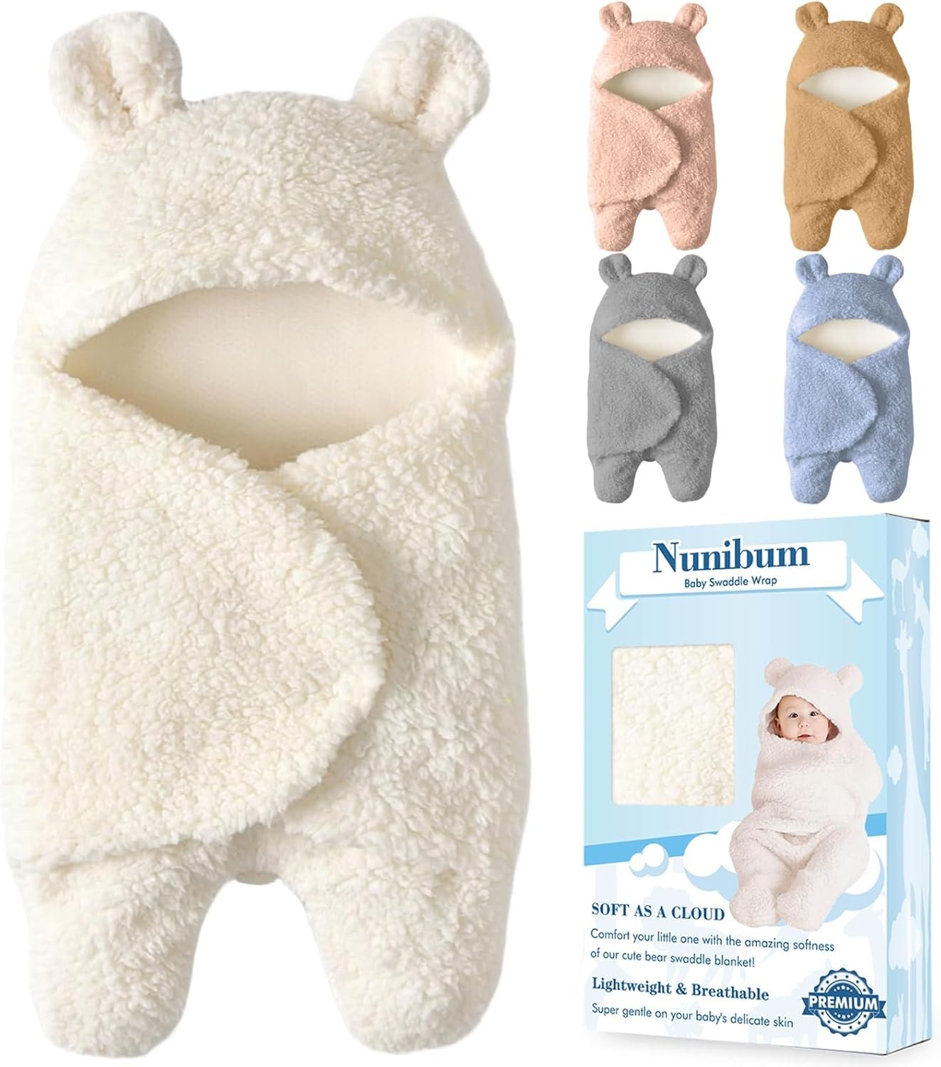 Nunibum Baby Swaddle Blanket Boys Girls Cute Bear Plush Essential Receiving Blanket Ultra-Soft Newborn Registry Sleeping Wraps for Infant 0-6 Months - White
