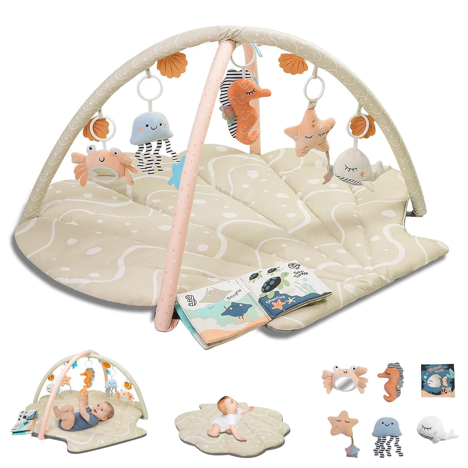 Baby Play Mat, Oversize Shell Tummy Time Mat with 6 Detachable Baby Activity Toys, Baby Gyms & Playmats for Babies 0-6 Months, Baby Essentials Mat for Floor Newborn Baby Shower Gifts (Beige)