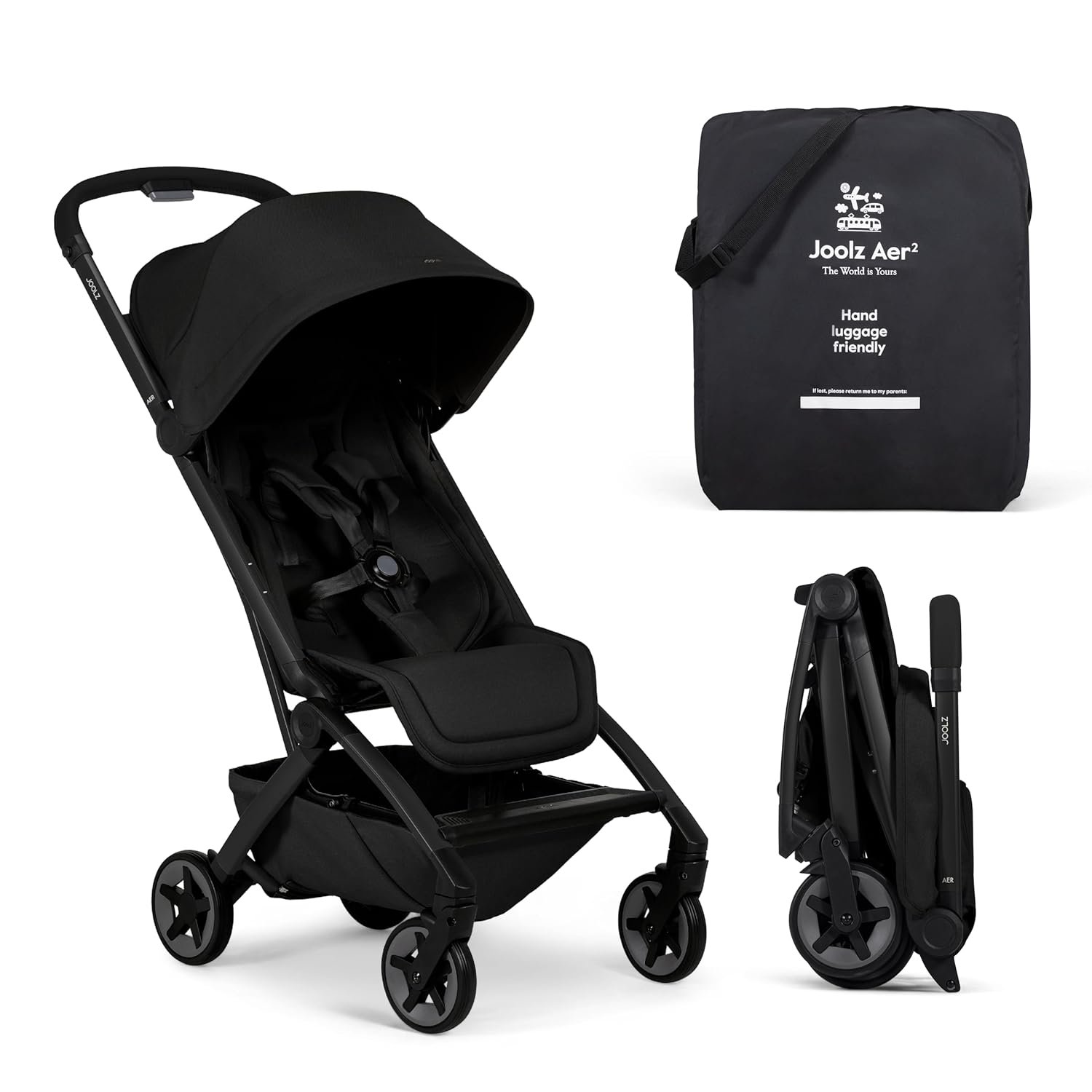 Joolz Aer2 Lightweight Travel Stroller for Baby & Toddler – One-Hand Fold, Compact Carry-On Airplane Approved, Reclining Seat, UPF 50+ Canopy, Travel Pouch, Baby Net – Space Black