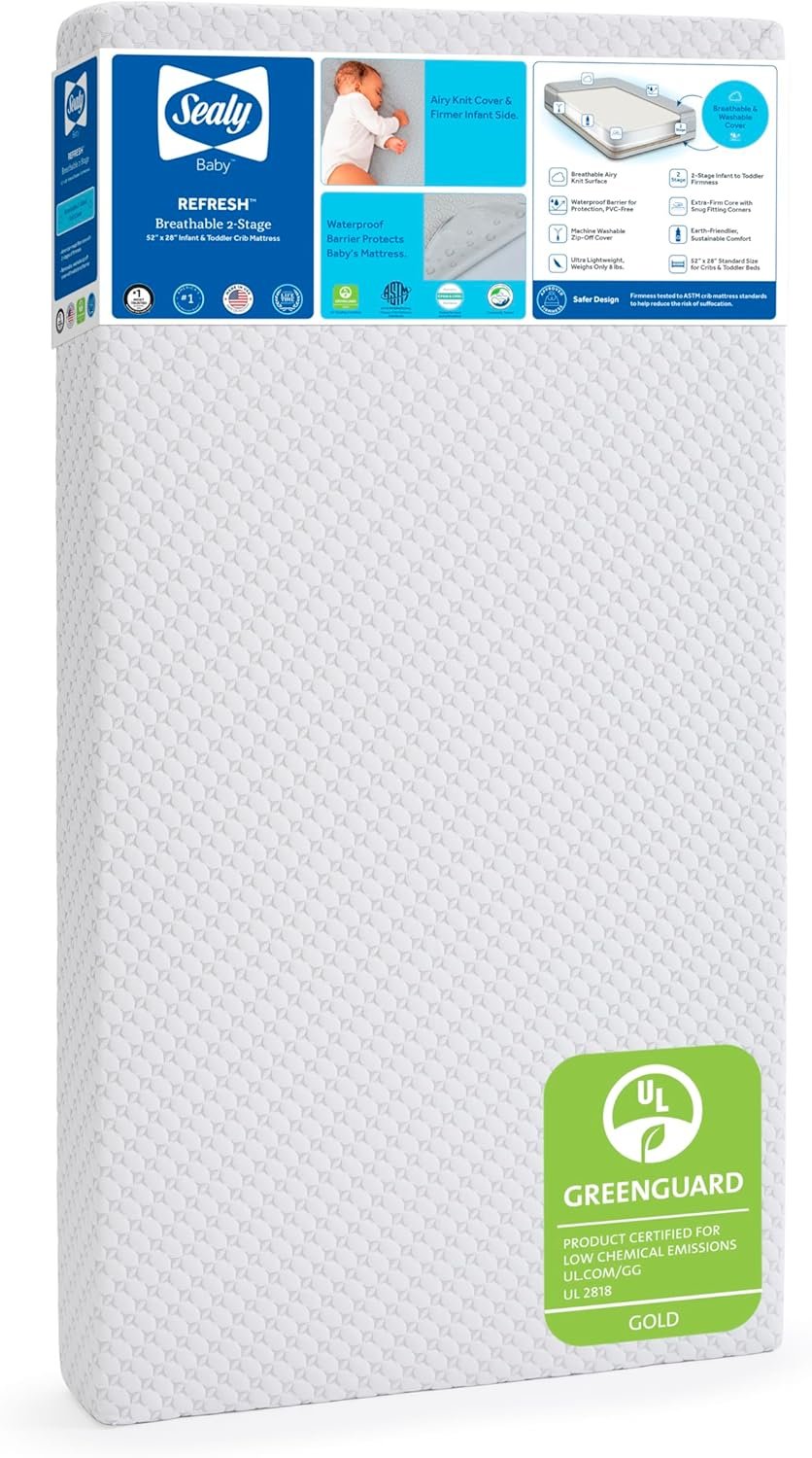 Sealy Baby Refresh Breathable Crib Mattress, GREENGUARD Gold Certified, Made in USA, Removable Knit Cover, 2 Stage, Toddler Bed Fit, Safety & Quality Tested, 52x28