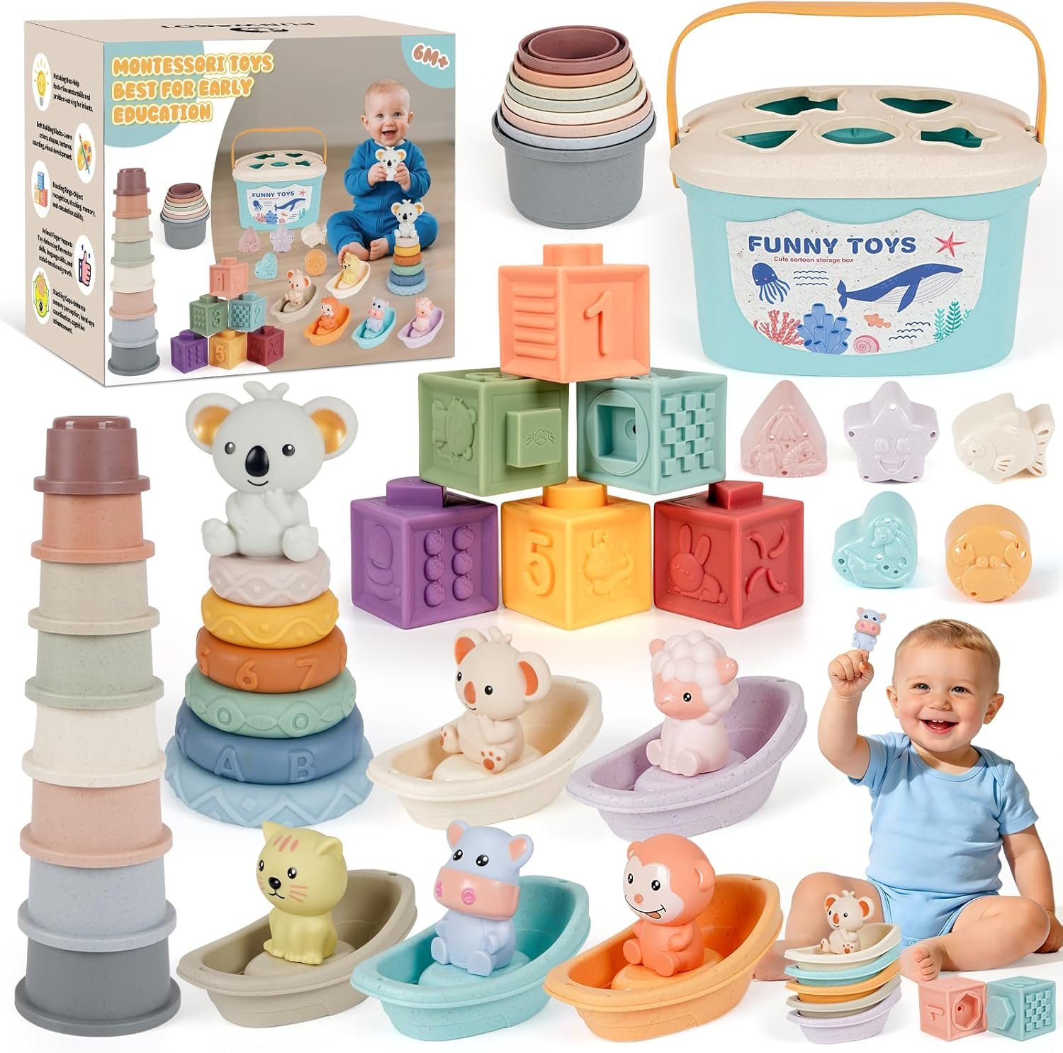 Montessori Baby Toys for Infants 6-18 Months, Shape Sorter for Toddler 6–12 Months, Sorting Stacking Toy for Fine Motor Skills, Sensory Learning Set with Stacking Rings for Babies Birthday Gift（Blue）