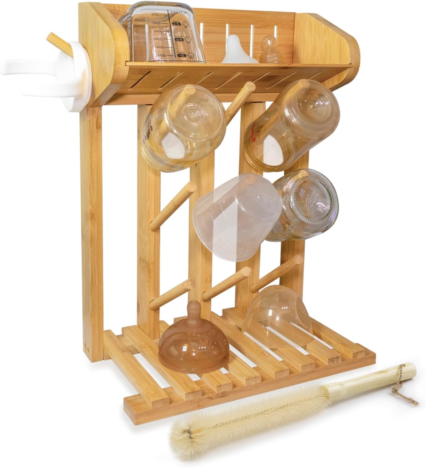 Bamboo Baby Bottle Drying Rack, Vertical Space Saving Kitchen Organizer, 9 Bottle Capacity, Countertop Storage Holder and Bottle Dryer with Draining Base (Comes with a Free Cleaning Brush)
