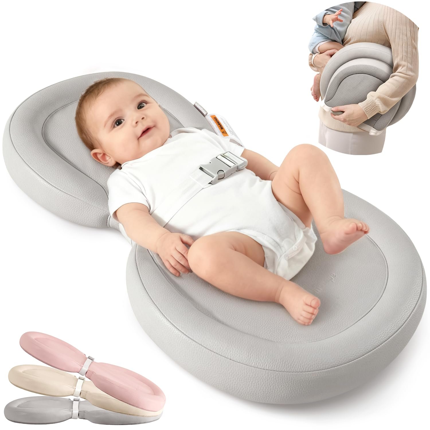 Waterproof Peanut Baby Changing Pad, Foldable Travel On-the-Go for Dresser & Changing Table, Wipe-Clean PU Diaper Pad with Non-Slip & Adjustable Safety Belt, 24"x16", Gray
