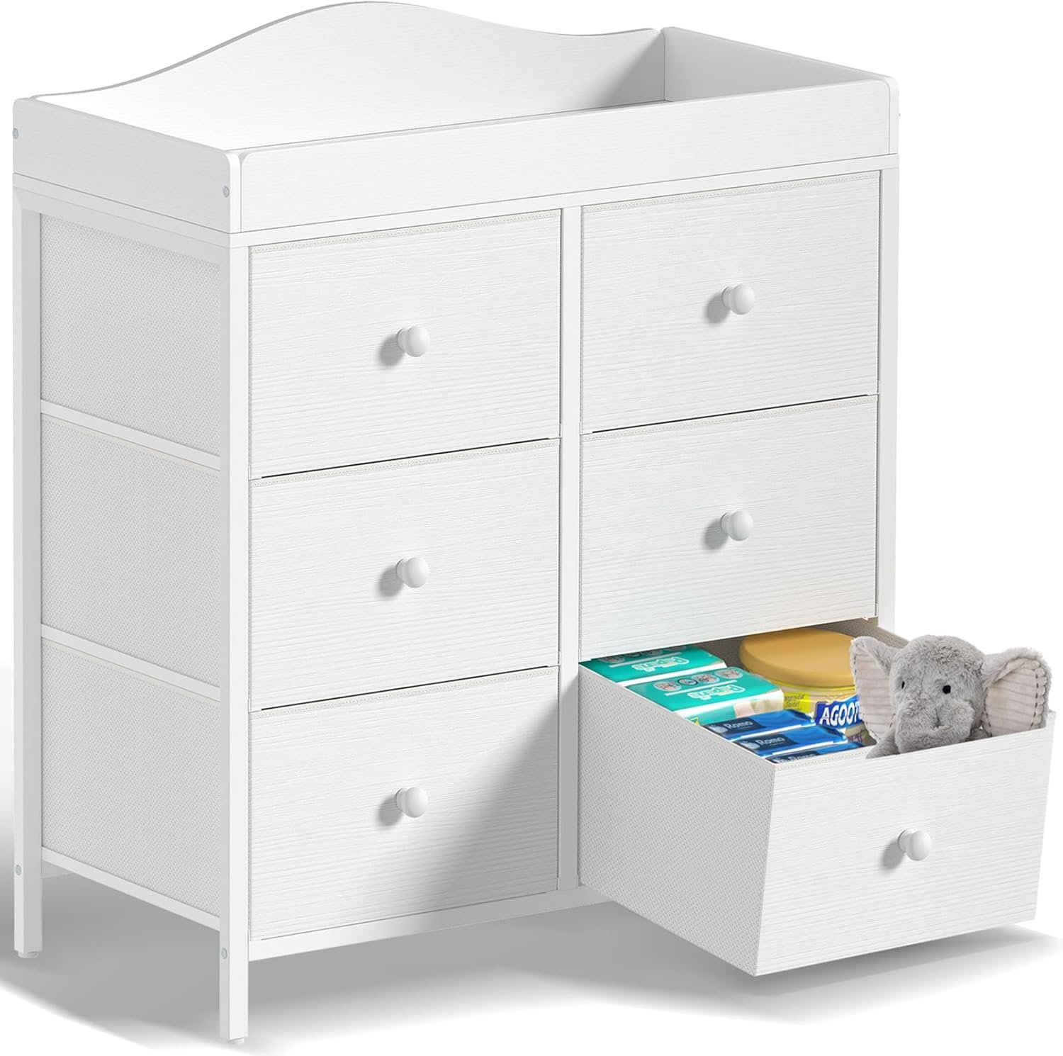 BOLUO White Changing Table Dresser with 6 Drawers Baby Dresser with Changing Table Top Diaper Changing Station with Storage for Nursery Modern