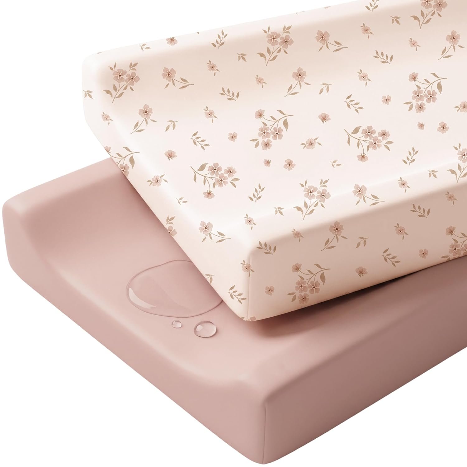 Konssy Waterproof Changing Pad Covers 2 Pack, PU-Coated Wipeable Diaper Changing Table Sheets for Baby Girls Boys, Boho Nursery Gift Set, Fits Standard 16x32 inches (Blossom)
