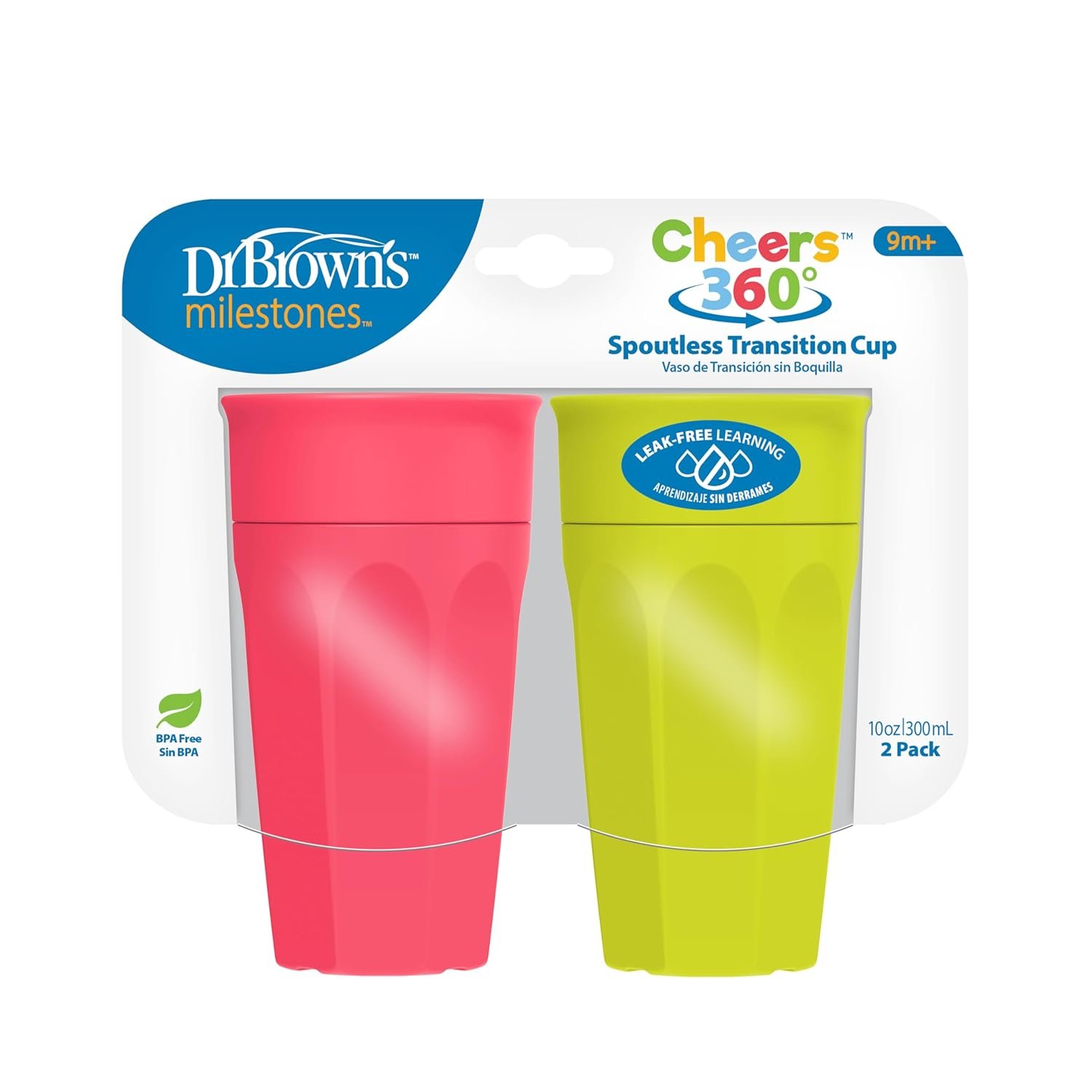Dr. Brown's Milestones Cheers 360 Spoutless Transition Cup, Travel Friendly and Leak Free Sippy for Babies and Toddlers, Green and Pink, BPA-Free, 10 oz/300 mL, 9m+