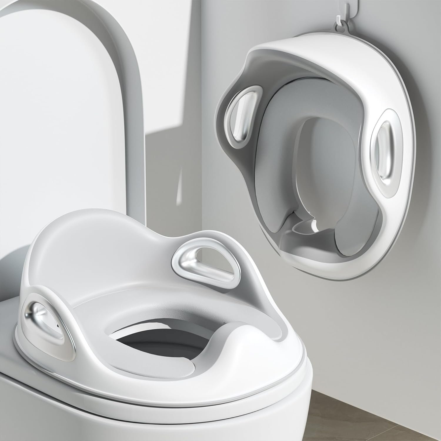 Potty Training Toilet Seat, Toddler Toilet Seat Attachment with Safety Handles, Detachable Soft Cushion, Anti-Slip Design and Splash Guard, Baby Potty Seats for Kids, Boys and Girls (Grey)