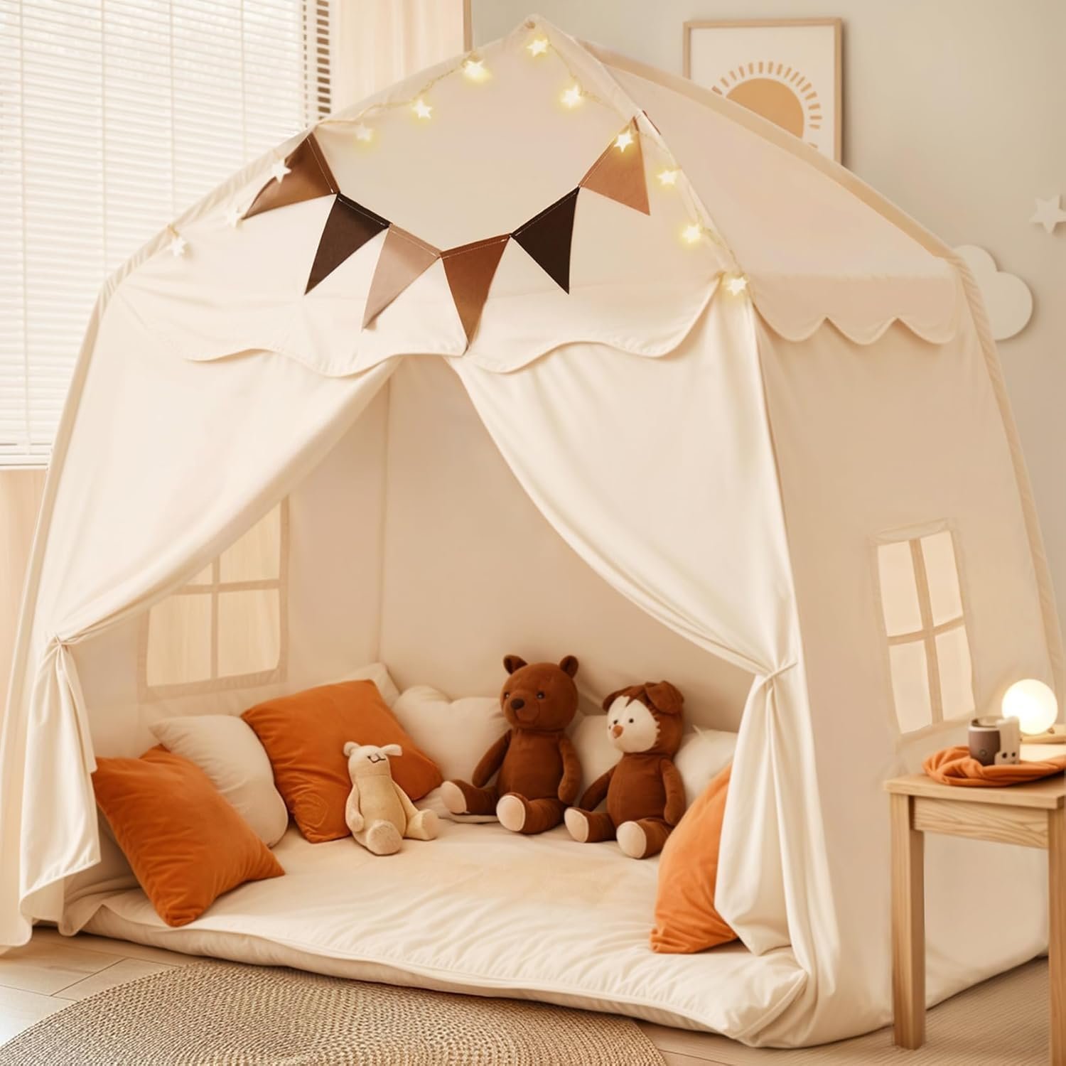 Little Dove Extra Large Kids Play Tent with Flags & Star Lights, Portable & Foldable Teepee, Boys & Girls, Indoor Outdoor JoyHut Dome Tent Playhouse, 59x39x59 in, Cream