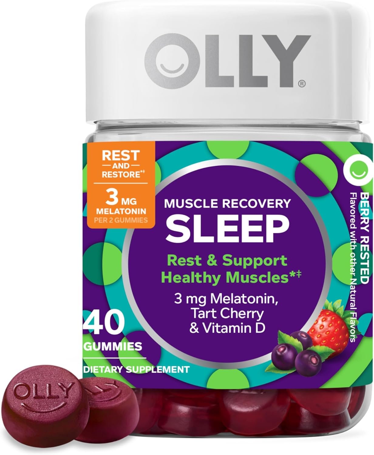 OLLY Muscle Recovery Sleep Gummies, Sleep and Healthy Muscle Support,* 3mg Melatonin, Tart Cherry Extract, Vitamin D, Berry Rested Flavor, 20 Day Supply - 40 Count