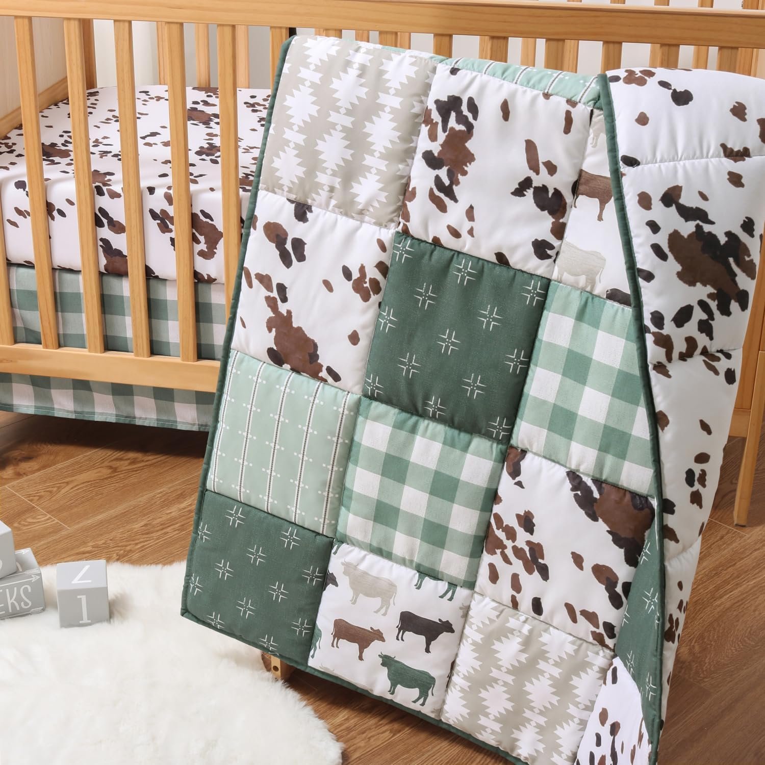 The Peanutshell 3 Piece Baby Crib Bedding Set for Boys & Girls - Newborn, Infant & Toddler Nursery Bed Set Decor with Fitted Crib Sheet, Dust Ruffle, Crib Comforter - Boho Farm