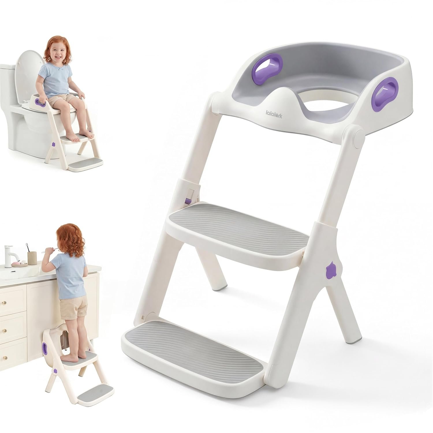 lalalark Potty Training Seat, 2-in-1 Toddler Toilet Seat with Steps, Upgrade Potty Step Stool for Toddler with Anti-slip Pad Step Stool, Extended Splash Guard, Foldable Potty Ladder Boys Girls, Purple