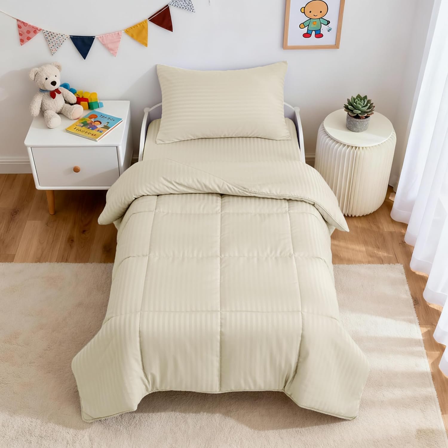ZPECC Toddler Bedding Set - 4 Piece Hypoallergenic Baby Crib Bedding Set for Boys and Girls, Includes Toddler Comforter, Flat Sheet, Fitted Sheet and Pillowcase, Cream Stripe
