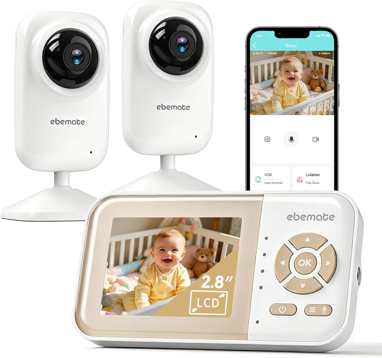 ebemate Video Baby Monitor with 2 Cameras | 2.8" LCD Screen | 1200FT Range | Real-Time Temp & Feeding Alerts | No-Glow Night Vision | 2-Way Talk Audio | EBE28-2