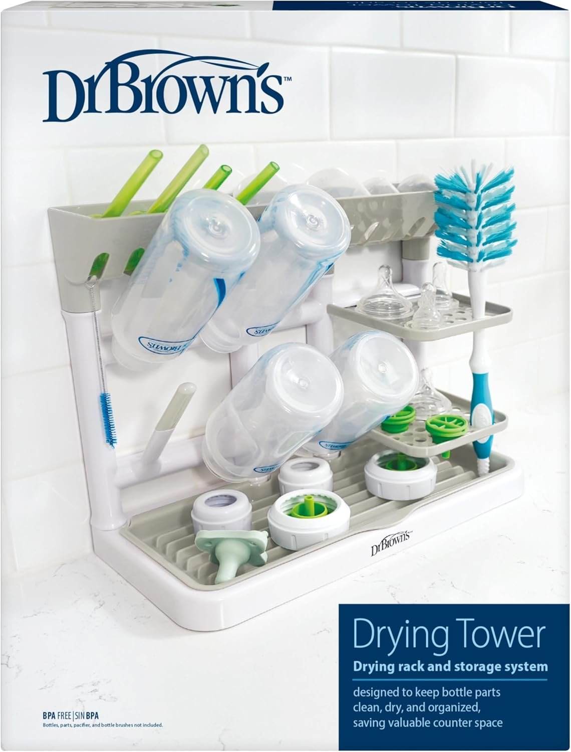 Dr. Brown's Baby Bottle Drying Tower, Stand-Up Countertop Drying Rack with Organized Storage for Baby Essentials, Space Saving Vertical Rack, Gray/White