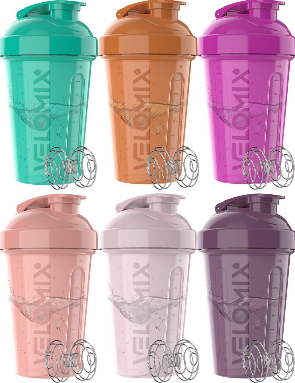 VELOMIX -6 PACK- 20 oz Protein Shaker Bottle for Protein Mixes - 6x Wire Whisk | Leak Proof Shaker Cups for Protein Shakes | Stackable Protein Shaker Bottle Pack | Dishwasher Safe (Rose Garden)