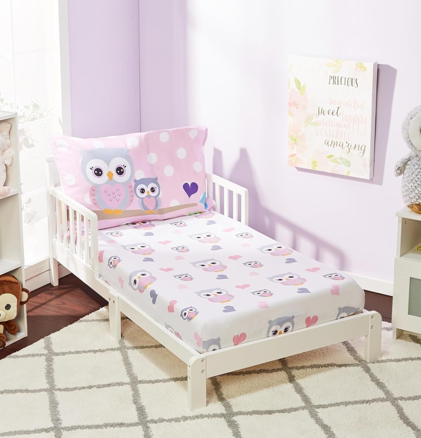 EVERYDAY KIDS 3-Piece Toddler Fitted Sheet, Flat Sheet and Pillowcase Set - Owls - Soft Breathable 100% Cotton Percale Girls Toddler Bed Sheets Set