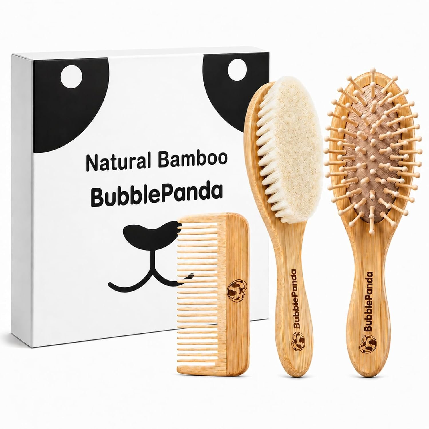 BubblePanda Baby Brush and Comb Set – 3-in-1 Baby Hair Brush Kit with Ultra Soft Goat Bristles, BambooComb &l Scalp Massager, Gentle Cradle Cap Care, Newborn to Toddler Gift
