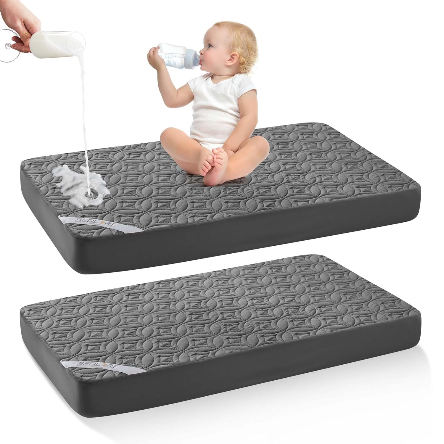 Waterproof Crib Mattress Protector 2 Pack, Soft and Breathable Crib Mattress Pad Cover, Noiseless Machine Washable Toddler Mattress Protector for Standard Baby Toddler Bed (52''x28'',Gray)