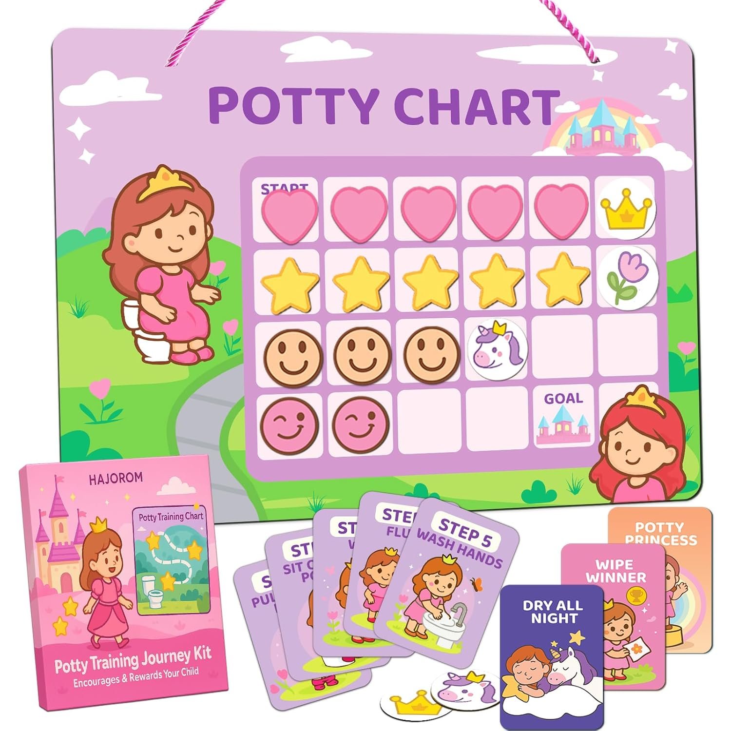 Potty Training Chart for Toddlers –Magnetic Potty Chart Reusable Reward System – Includes Steps, Achievements & Reusable Magnets Stickers– Ideal for Ages 1.5-5 Boys & Girls (Princess)