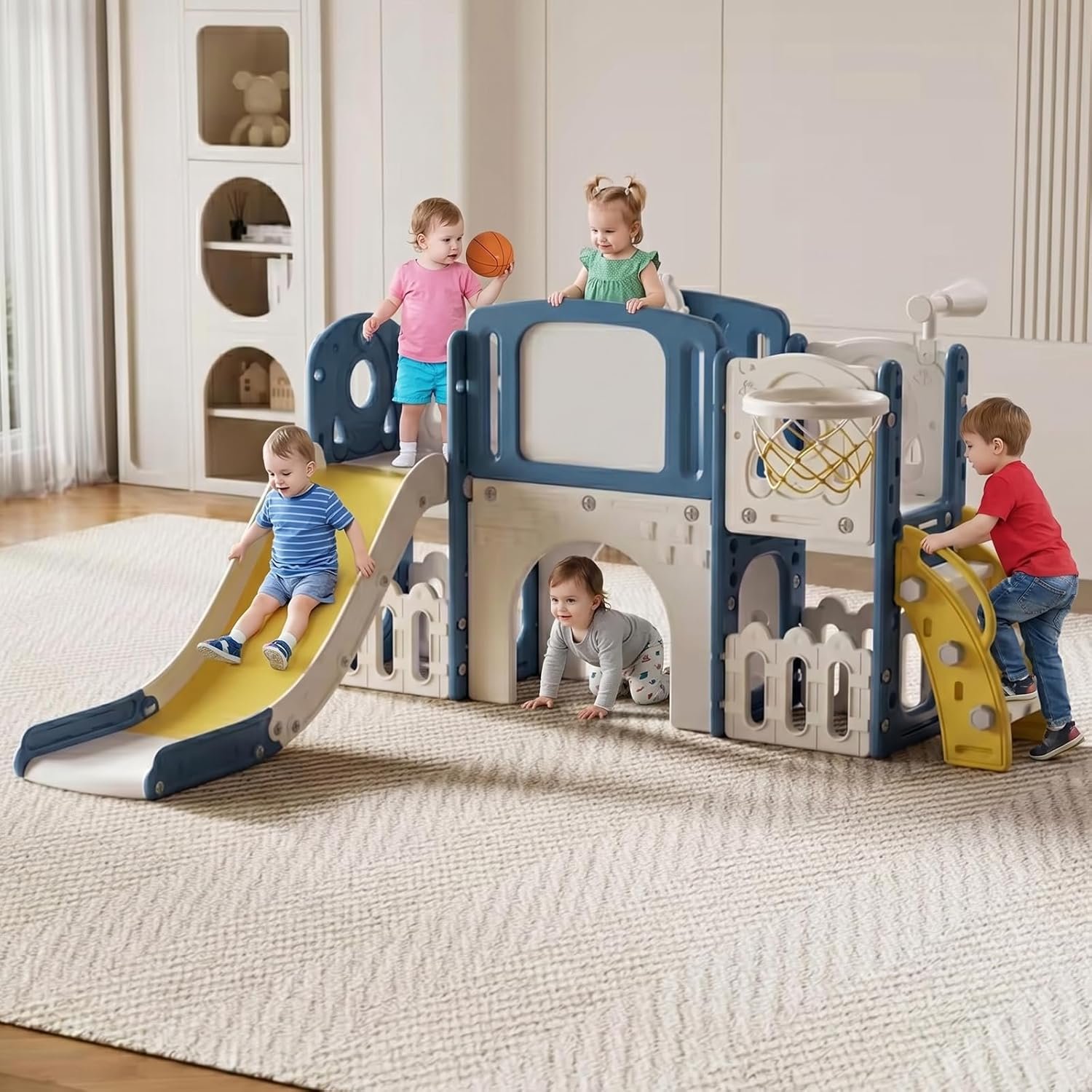 Magic ZC Toddler Slide Set, Kids Slide for Toddlers Age 1+, Kid Playground Play Set, Long Climber Slides with Basketball Hoop, Telescope, Storage Space (XST-Blue Yellow)