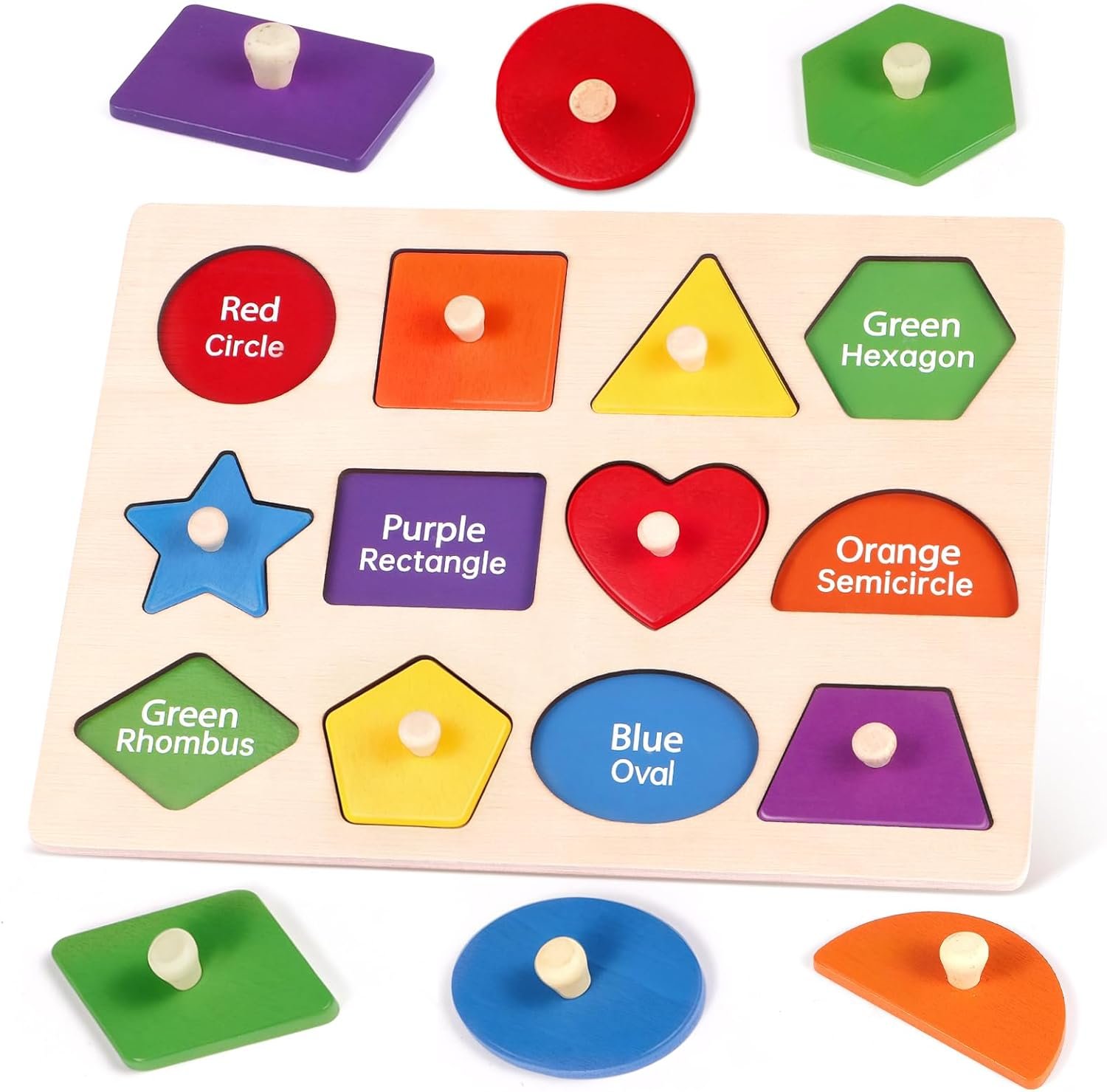 Montessori Wooden Peg Shape Puzzles for Toddlers 1-4, Sturdy Easy-Grip Educational Learning Toys, Perfect Birthday Gifts for Baby Boys Girls