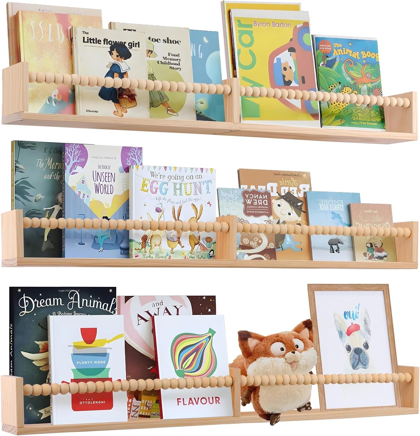 birola Nursery Book Shelves for Kids Rooms - 32 Inches Wall Book Shelves Set of 3, Space-Saving Nursery Shelves with Beads Design for Kids Room, Bedroom and Study Room(Natural)