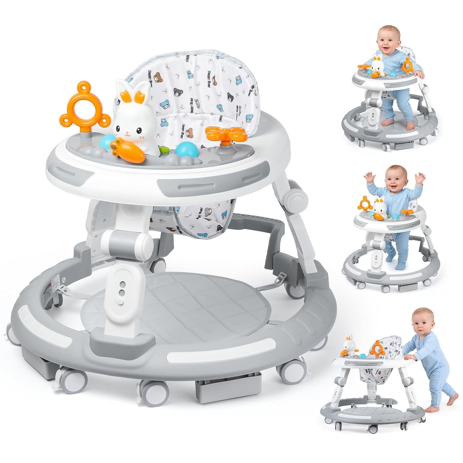Baby Walker with Wheels - Foldable Baby Walker,4-in-1 Baby Walkers for Boys and Girls 6-12 Months, Infant Walker with Adjustable Height, Baby Activity Walker with Toys, Music, Lights, Anti-Rollover