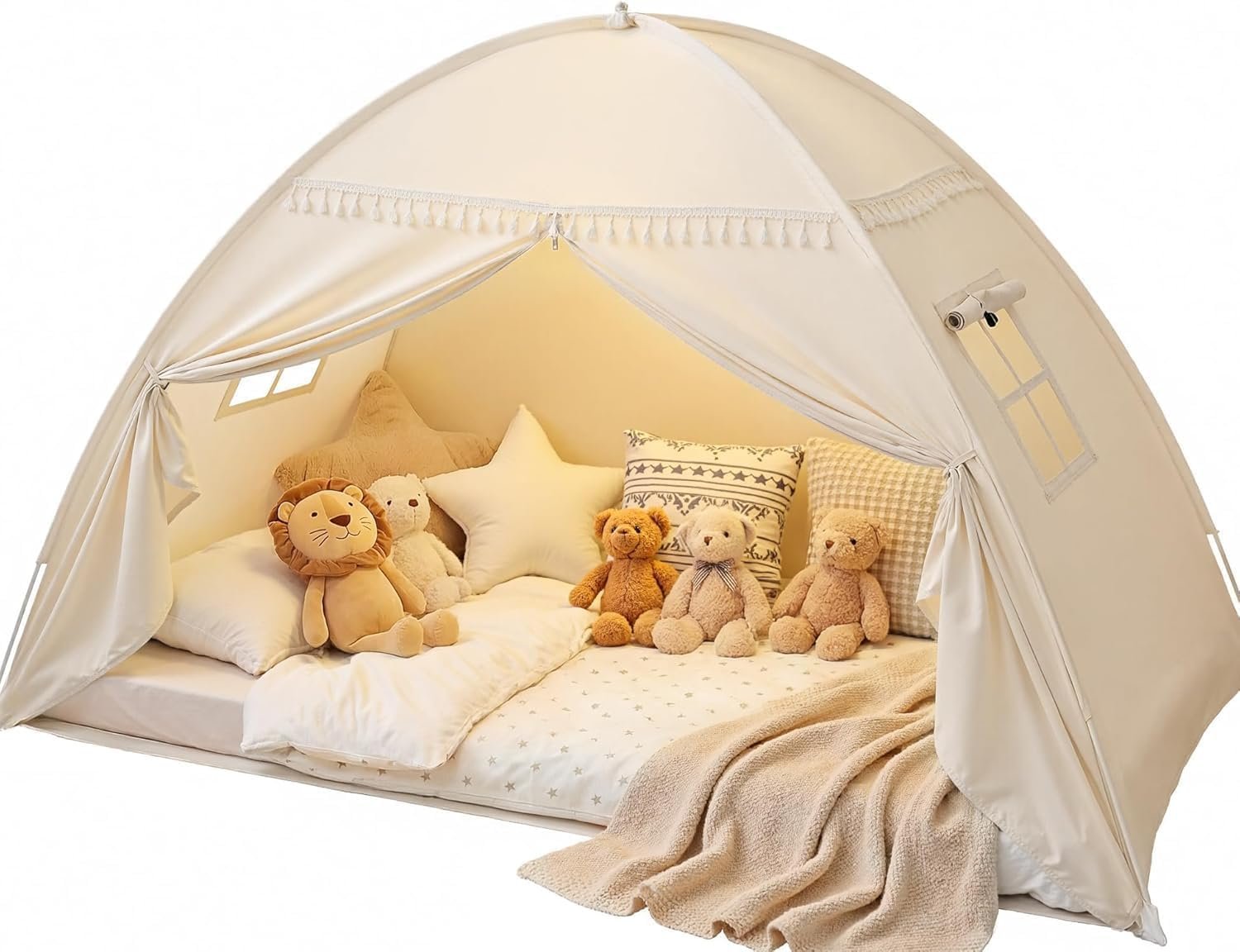 Sumbababy Twin Bed Tent for Kids Indoor, Toddler Bed Canopy with Star Lights & Flags, Twin Size Teepee Tents for Boys Girls Inside Bedroom (Golden Beige)