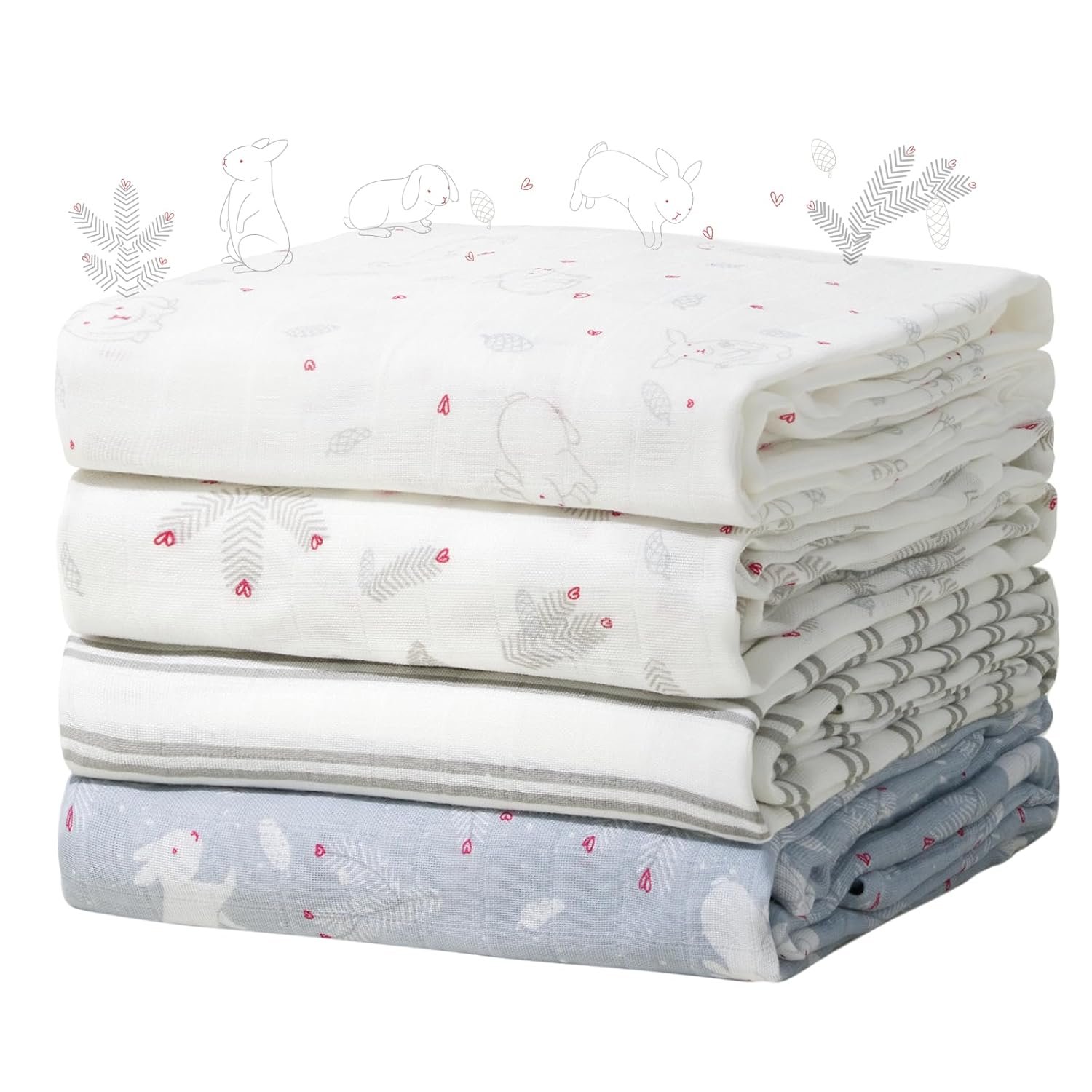 Momcozy Muslin Swaddle Blankets, 4-Pack Breathable and Skin-Friendly Receiving Blankets, Swaddle Blanket Shower Gifts & Baby Registry Essentials, Large 47"x47", Creamy Rabbit