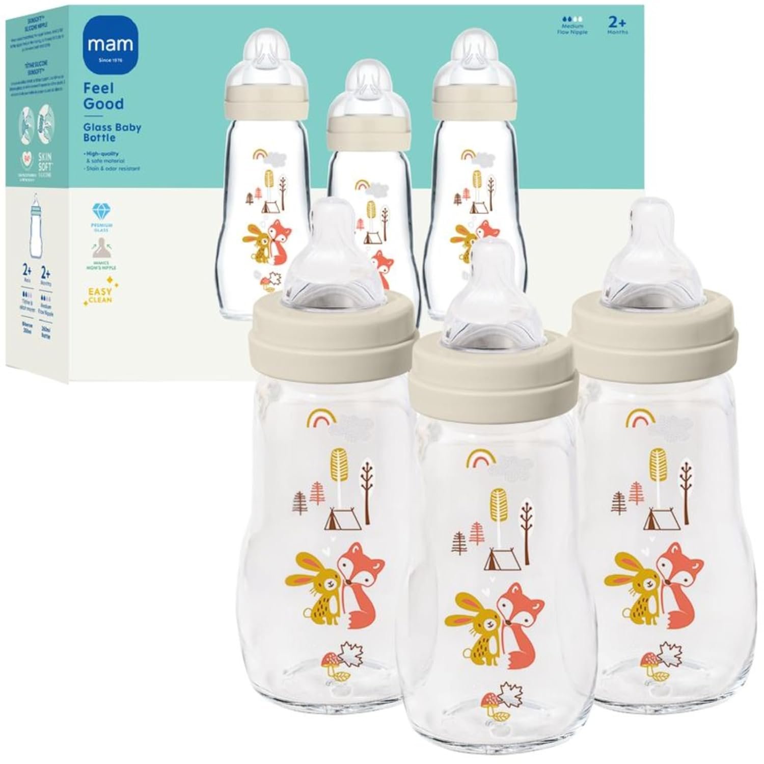 MAM 9oz Feel Good Pure Glass Anti-Colic Wide Neck Baby Bottle, Medium Flow Skin Soft Silicone Nipple, Easy to Clean, BPA Free, 2+ Months, Easy Switch Between Breast & Bottle, Made in Europe, 3 Pack