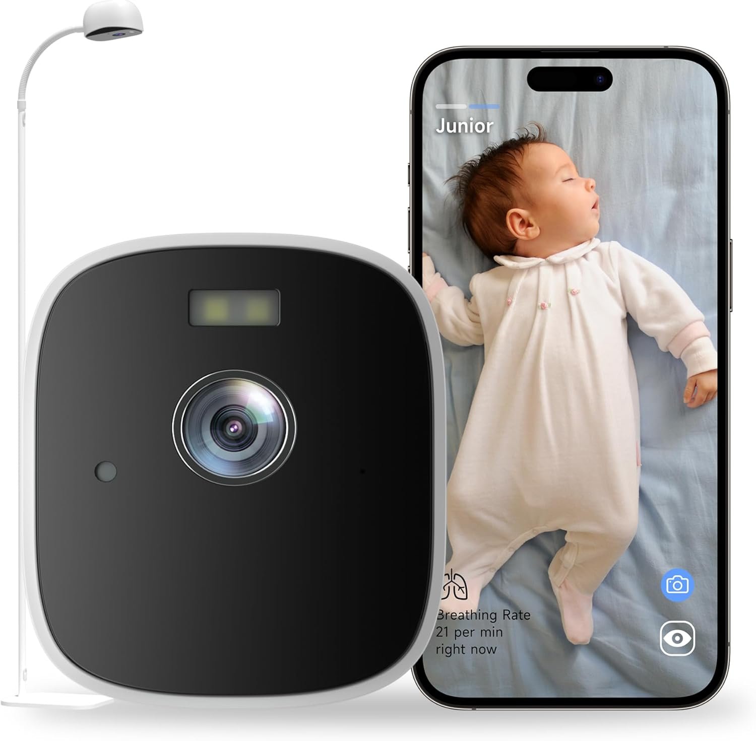 Smart Baby Monitor with Floor Stand, 2K Crib Camera with AI Breathing Monitor, No Wearables WiFi Baby Camera, Night Vision, Baby Sleep Tracker, Cry & Motion Alerts, Diaper & Feeding Record