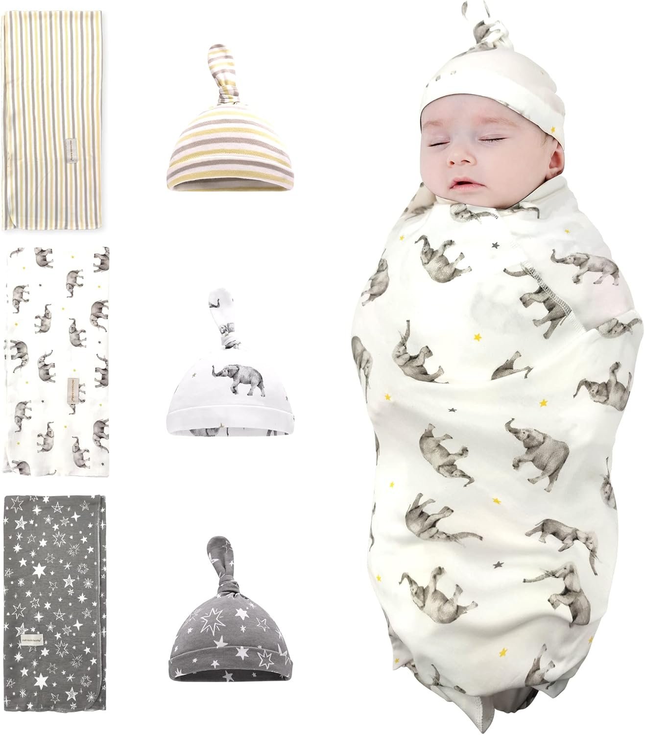 Newborn Swaddle and Hat Set 6 Pack 100% Cotton Knitted Muslin Baby Blankets 35" x 35" Baby Receiving Blankets Stroller Soft Unisex Newborn Swaddle Wrap for Girls and Boys (Elephant+Star+Stripes)