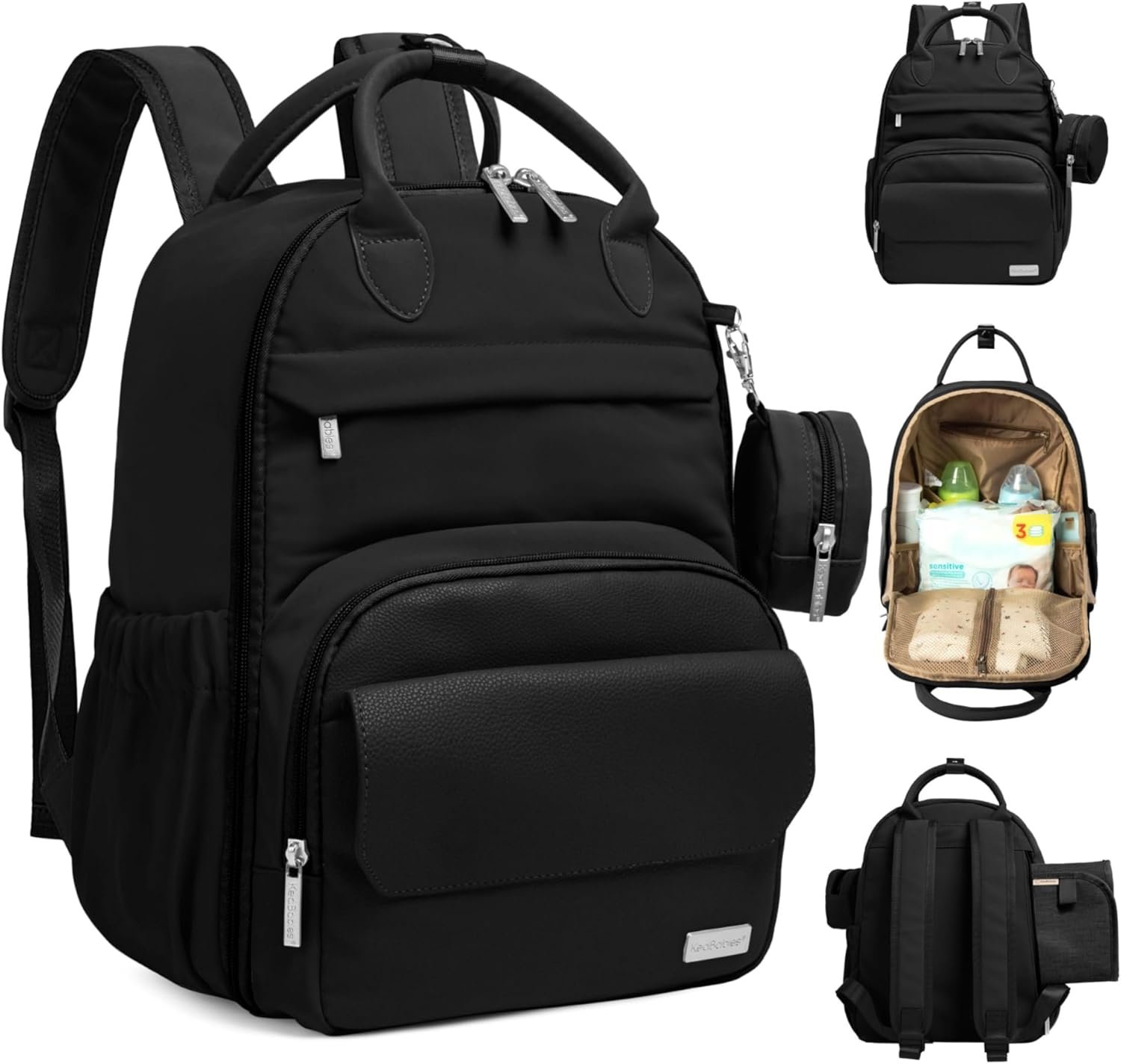 KeaBabies Diaper Bag Backpack - Multifunctional Travel Diaper Back Packs, Maternity Baby Changing Bags, Compact 18L Capacity, PU Leather, Waterproof, Unisex, Nappy Changing Pad (Trendy Black)