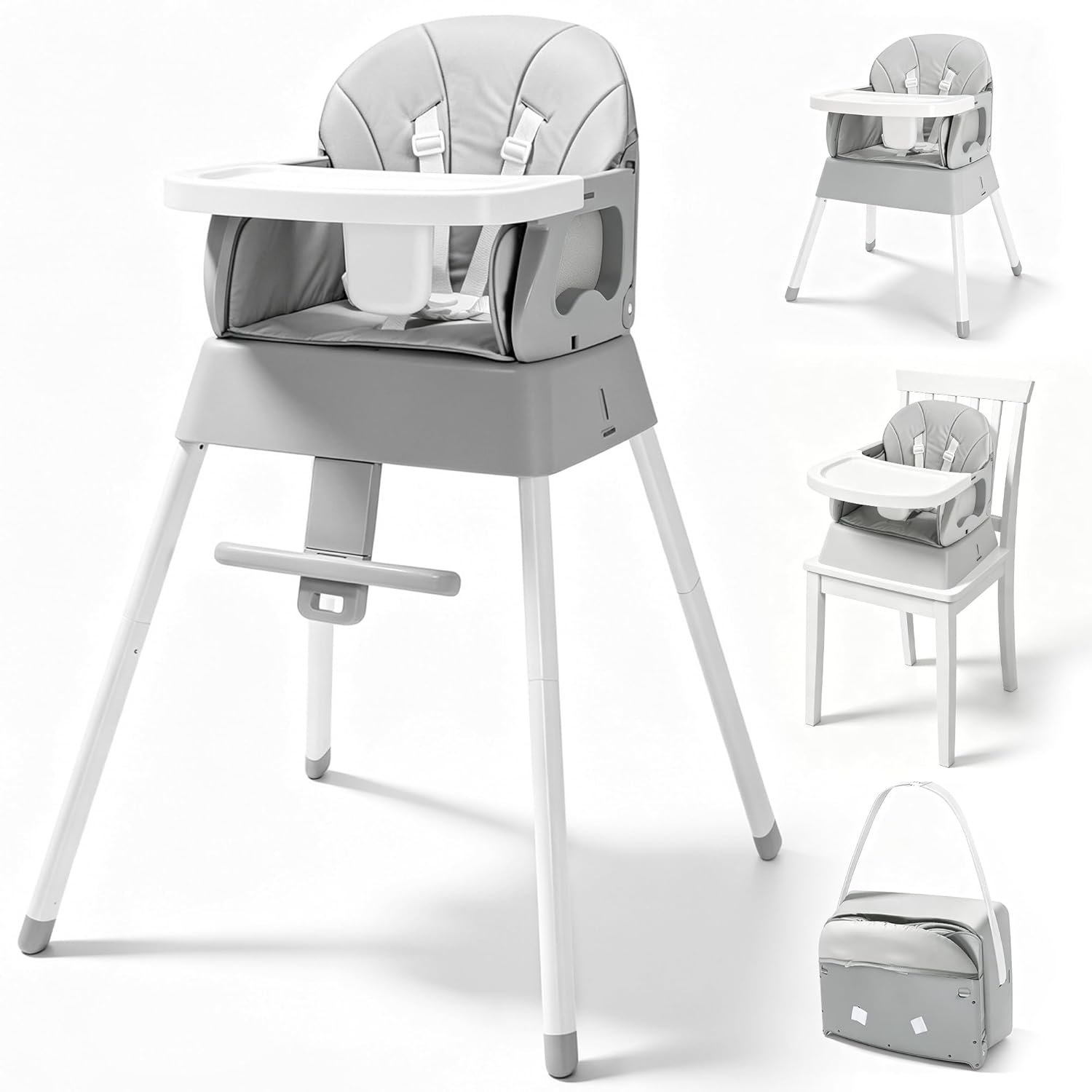 5 in 1 Foldable Baby High Chair,Convertible Highchair for Babies and Toddlers-Portable Infant Booster Seat,Carry Small Box,Dining Chair,Toddler High Chair with 5-Point Harness,Removable Tray-Grey