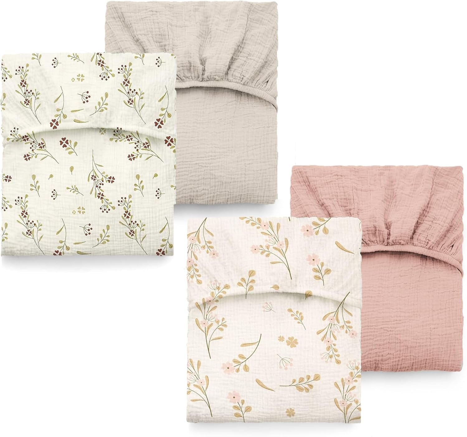 4-Pack Muslin Crib Sheets for Girls Boys, Boho Soft 100% Cotton Nursery Decor for 52" x 28" Standard Crib Mattress (Apricot & Pink & Floral & Blossom)