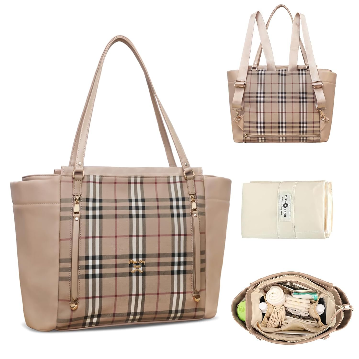 miss fong Checkered Diaper Bag Tote - Leather Diaper Bag Backpack, Large Capacity Mommy Bag Hospital Bag, 12 Pockets Travel Diaper Tote with Changing Pad for Mom Plaid Tote Bag for Women-light brown | Waterproof Leather, Large Capacity
