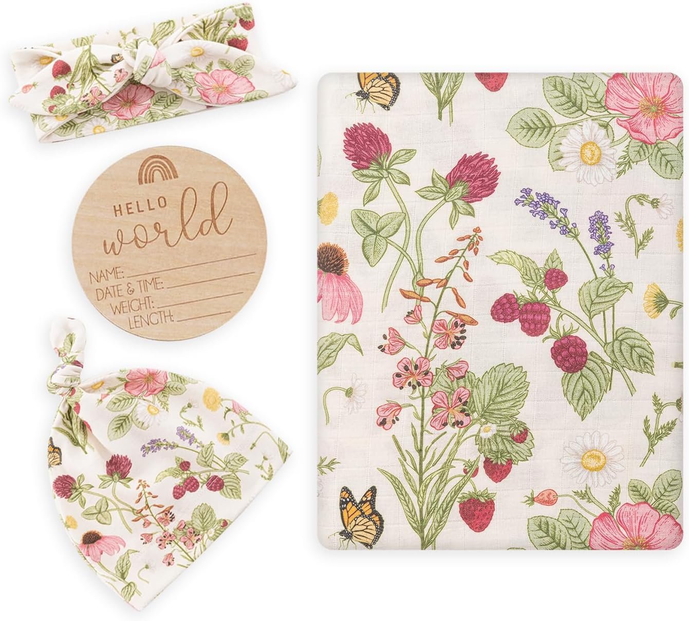 BabyWhale Muslin Swaddle Blanket with Hat and Headband Bow, Floral Pattern Swaddle Set for Baby Boys ＆ Girls, Unisex Newborn Soft Receiving Swaddle Wrap, 47x47 inches