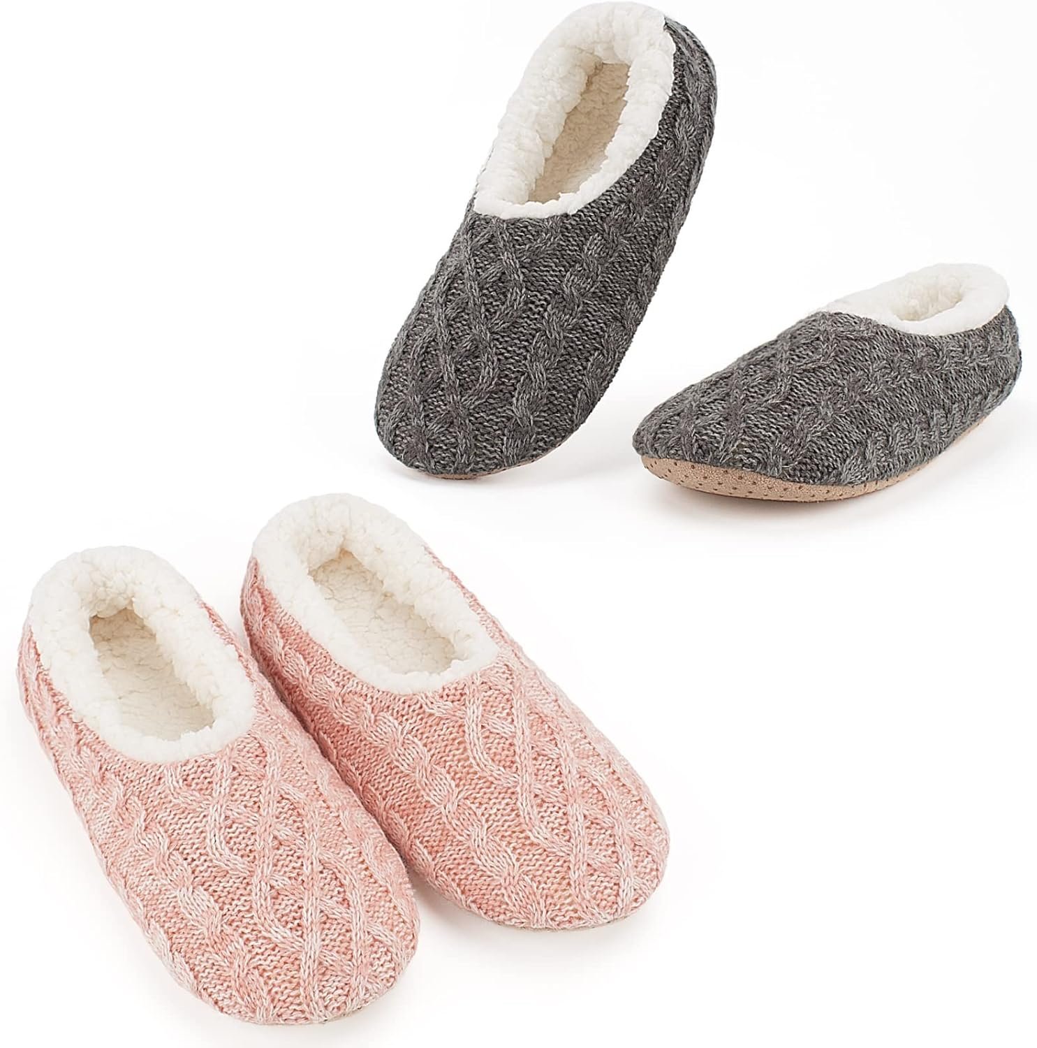 Cozylook 2-Pair Women's Soft Sole Slipper Socks with Grippers, Thick Warm Cozy Sherpa Lined Home Socks Set, Cable Knitted Non-slip Fluffy Winter House Bedroom Slippers