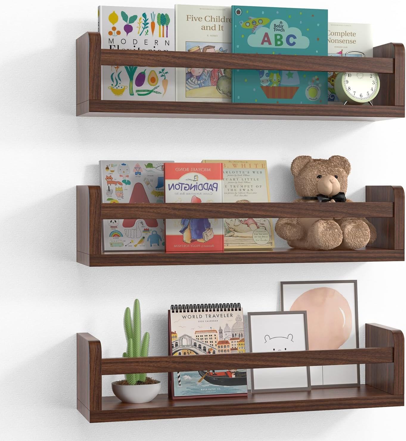 Floating Wall Nursery Book Shelves for Bedrooms Kids 16.5 Inch Walnut Color Wooden Baby Book Shelf for Kids Rooms Set of 3 Nursery Shelves for Wall Mounted Toddler Bookshelf